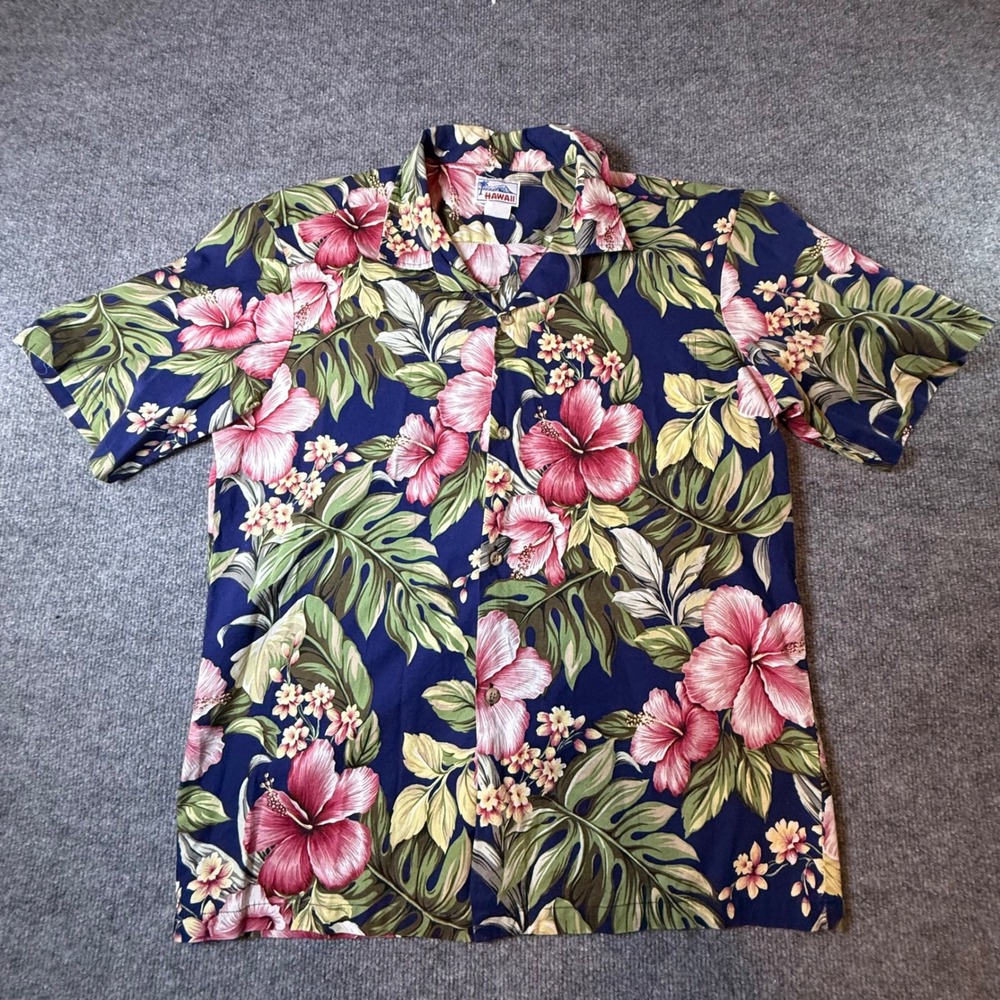 Hawaii Mens Large Aloha Shirt Navy Blue Pink Hibiscus Floral Cotton Made in USA